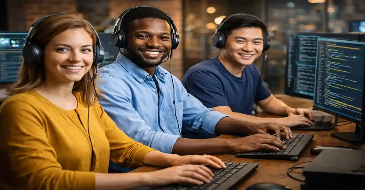 Tech apprentices coding on laptops, no degree required badge, modern office setting