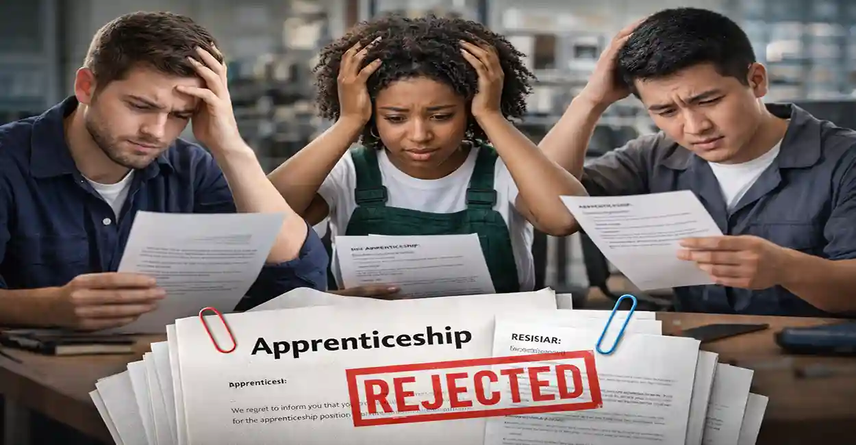 Frustrated person holding a rejection letter, then a successful apprentice shaking hands with a mentor
