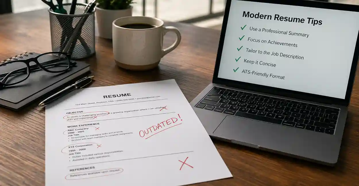 Outdated paper resume next to modern laptop resume - comparison showing old vs new resume format